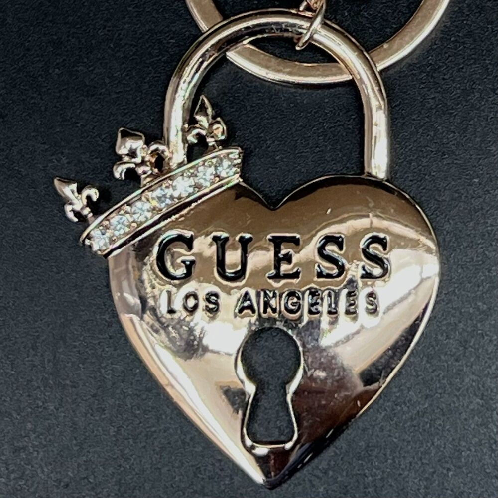 Guess Heart Padlock Crown Bag Charm  Keychain Gold Tone BLING  Fleur De Lis - Picture 4 of 9
